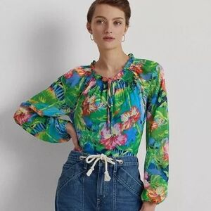 New Lauren Ralph Lauren Orange Green Tropical Blouse Long Sleeves Size XS